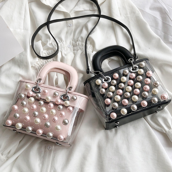 Modern női táska gyöngyökkel és átlátszó huzattal három színben, rövid és hosszú fogantyúval