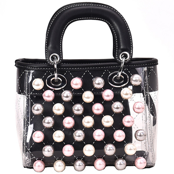 Modern női táska gyöngyökkel és átlátszó huzattal három színben, rövid és hosszú fogantyúval