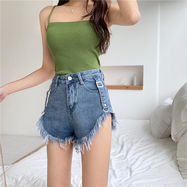 Pantaloni scurți din denim de actualitate cu talie înaltă și motive rupte