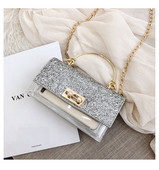 Κομψή γυναικεία τσάντα με λαμπερά στοιχεία και διαφανή  κάλλυμα με μεγάλη μεταλλική αλυσίδα