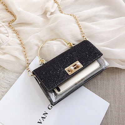 Κομψή γυναικεία τσάντα με λαμπερά στοιχεία και διαφανή  κάλλυμα με μεγάλη μεταλλική αλυσίδα