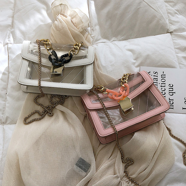 Modern női átlátszó táska három színben, hosszú fémlánccal