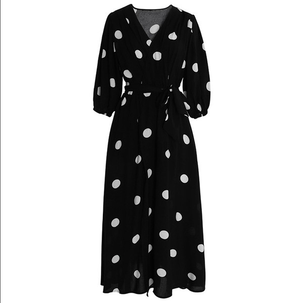 Alkalmi női ruha fekete színben, fehér pöttyökkel