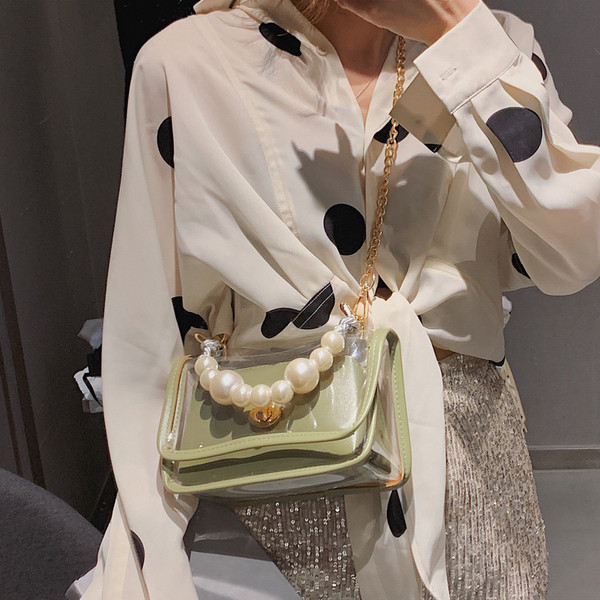 Geanta de dama moderna transparenta cu maner sidefat in patru culori