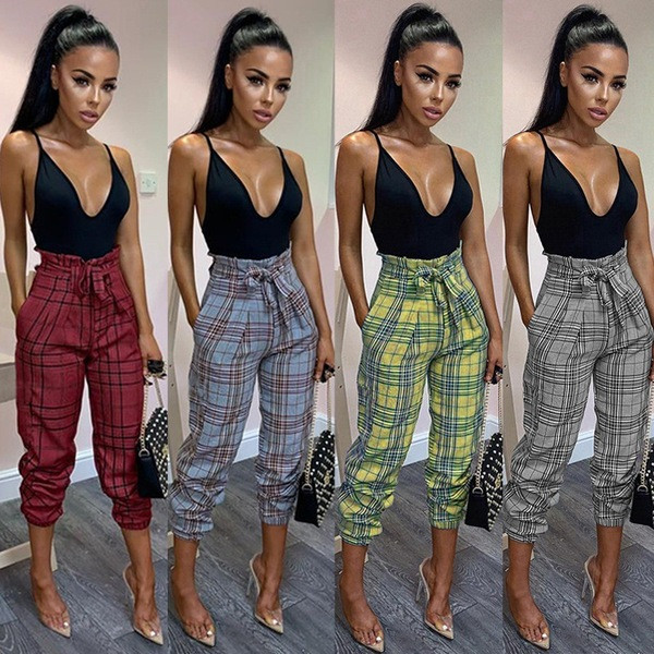 Modern női nadrág magas derékkal és nyakkendővel