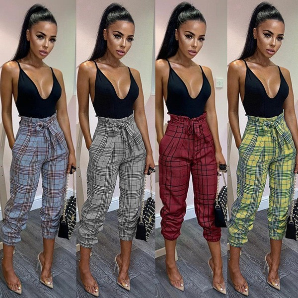 Modern női nadrág magas derékkal és nyakkendővel