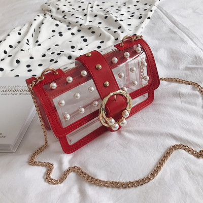 átlátszó női táska gyöngyökkel és fém elemekkel öt színben, hosszú fémlánccal