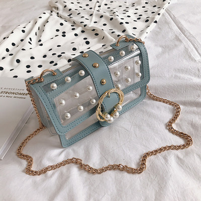 átlátszó női táska gyöngyökkel és fém elemekkel öt színben, hosszú fémlánccal