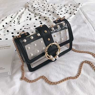 átlátszó női táska gyöngyökkel és fém elemekkel öt színben, hosszú fémlánccal