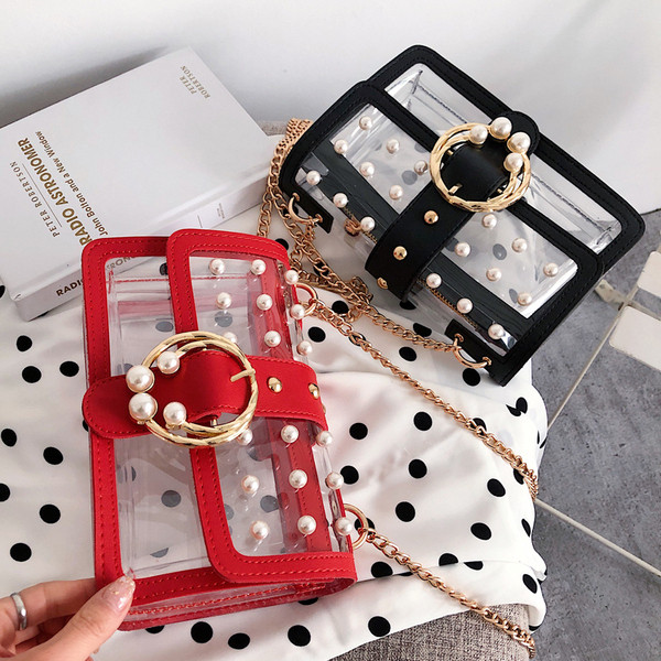 átlátszó női táska gyöngyökkel és fém elemekkel öt színben, hosszú fémlánccal