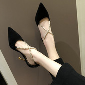 Pantofi de damă cu toc de actualitate în trei culori cu perle decorative