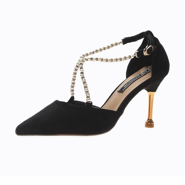 Pantofi de damă cu toc de actualitate în trei culori cu perle decorative