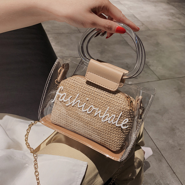 Μοντέρνα, διαφανή γυναικεία  τσάντα πέντε χρωμάτων με μικρή και μακρά λαβή