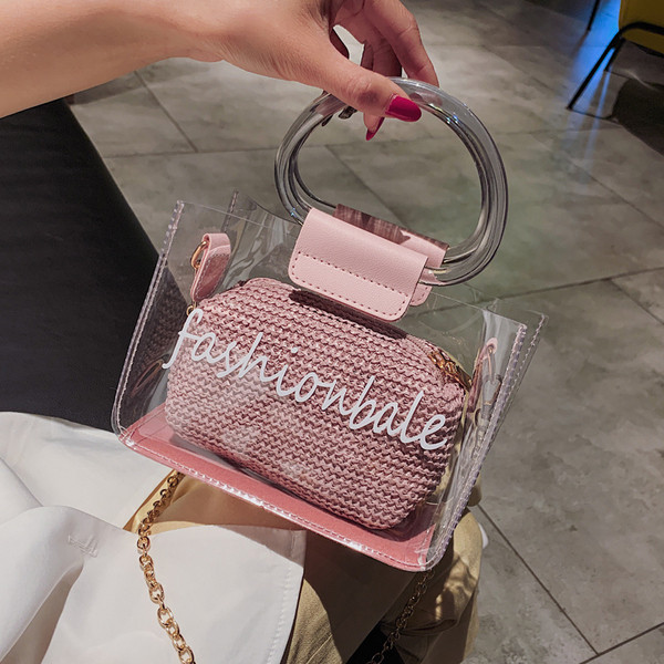 Μοντέρνα, διαφανή γυναικεία  τσάντα πέντε χρωμάτων με μικρή και μακρά λαβή