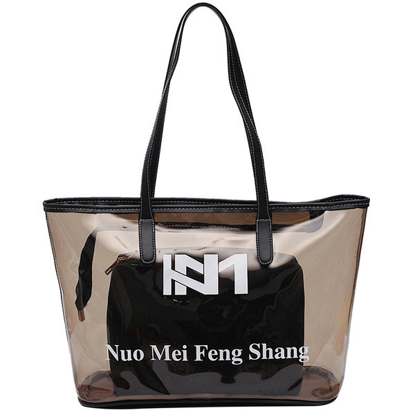 Μοντέρνη γυναικεία τσάντα με διαφανές κάλυμμα σε δύο χρώματα με μεγάλη λαβή