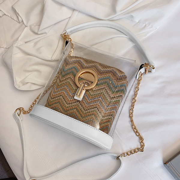 Modern női táska átlátszó huzattal öt színben, fém elemekkel és hosszú fémlánccal