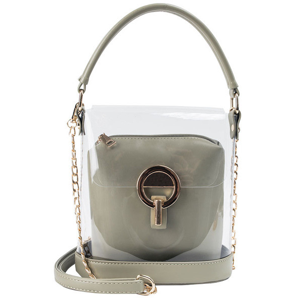 Modern női táska átlátszó huzattal öt színben, fém elemekkel és hosszú fémlánccal