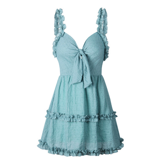 Rochie moderna de dama cu decolteu in V in bej si albastru