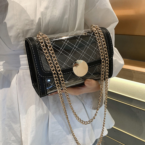 Modern átlátszó női táska négy színben, hosszú fémlánccal