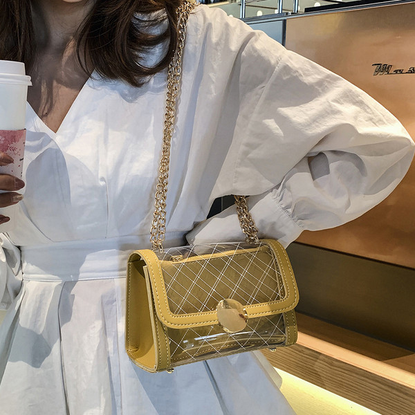 Modern átlátszó női táska négy színben, hosszú fémlánccal