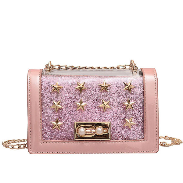 Stílusos női táska négy színű öko bőrből, fém elemekkel és hosszú fémlánccal