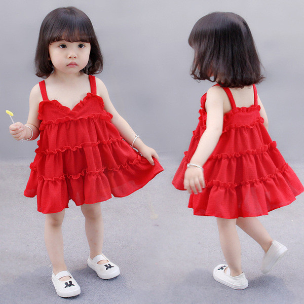 Rochie moderna pentru copii cu bretele in rosu