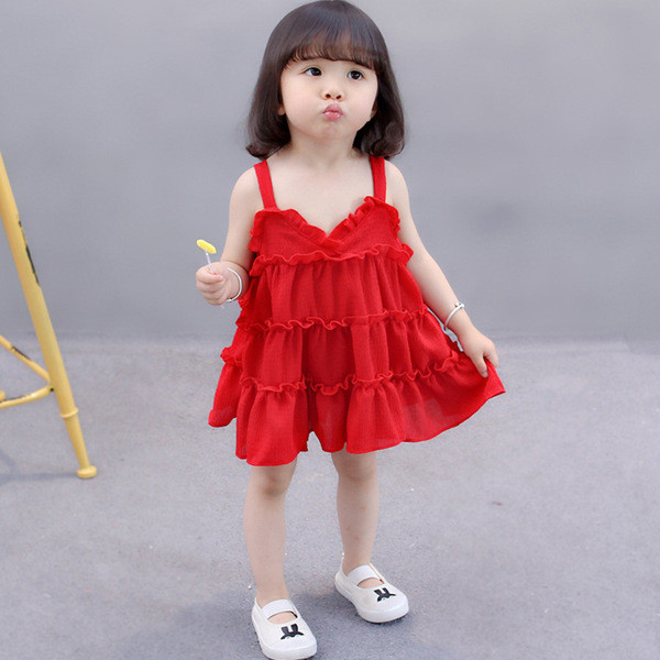 Rochie moderna pentru copii cu bretele in rosu