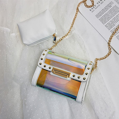 Elegáns női táska irizáló színekben, fém csattal és hosszú fémlánccal