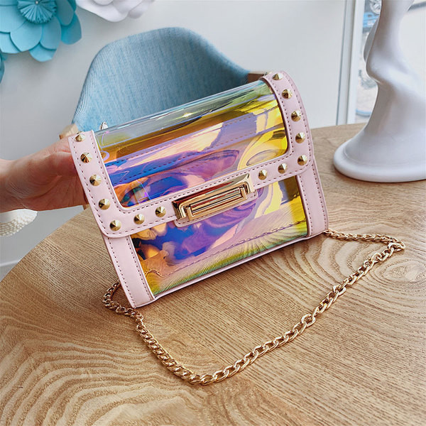 Elegáns női táska irizáló színekben, fém csattal és hosszú fémlánccal