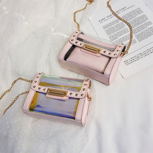 Elegáns női táska irizáló színekben, fém csattal és hosszú fémlánccal