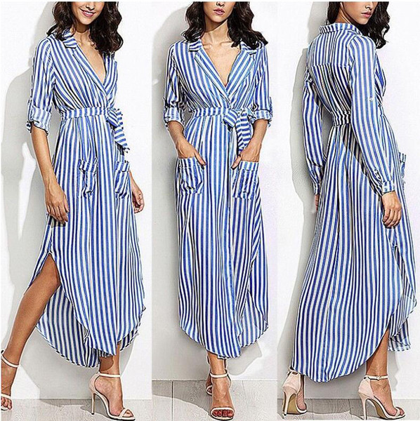 Γυναικείο ριγέ φόρεμα  με μακρύ μανίκι σε μαύρο και μπλε χρώμα