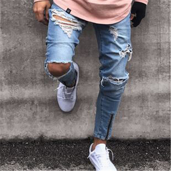 Blugi de bărbați moderni cu motiv rupt și fermoar