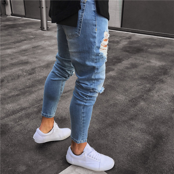 Blugi de bărbați moderni cu motiv rupt și fermoar