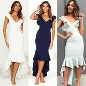 Modern női ruha V-nyakú aszimmetrikus modellel