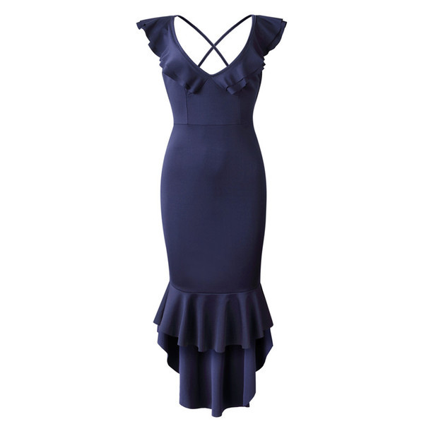 Modern női ruha V-nyakú aszimmetrikus modellel