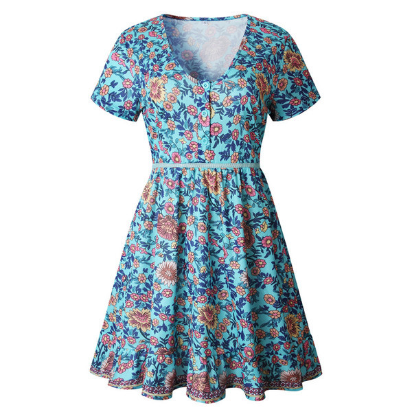 Modern női ruha rövid ujjú virágos motívumokkal