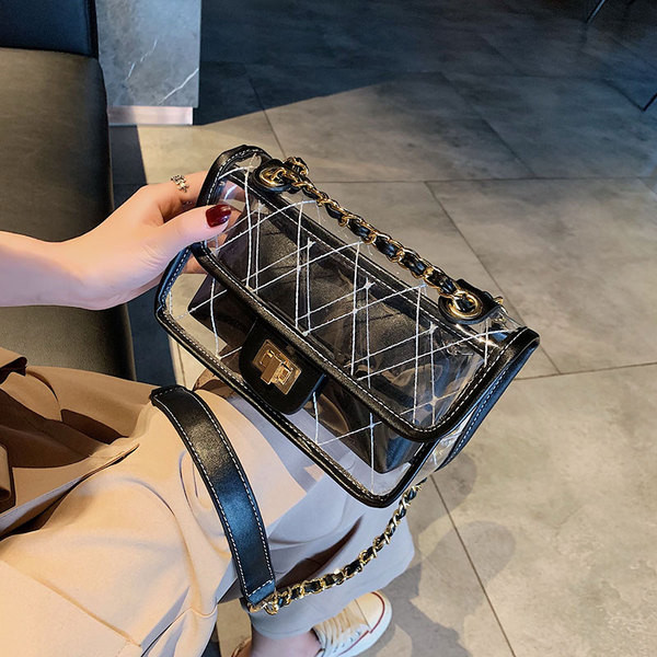 Geantă de damă modernă în patru culori cu husă transparentă și lanț metalic lung