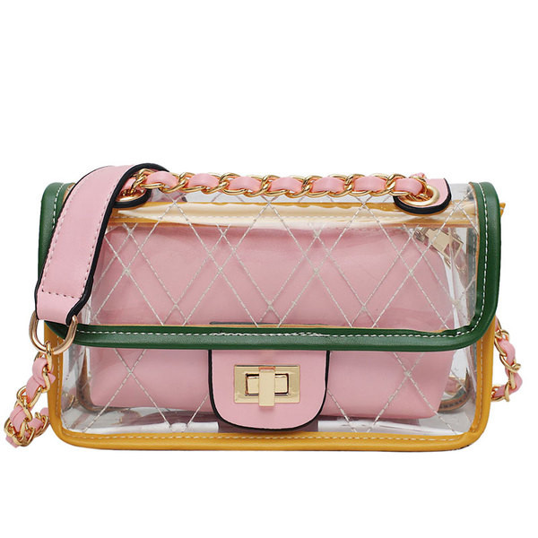 Geantă de damă modernă în patru culori cu husă transparentă și lanț metalic lung