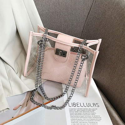 Geanta de dama moderna cu husa transparenta in patru culori cu inchizatoare metalica si lant metalic lung