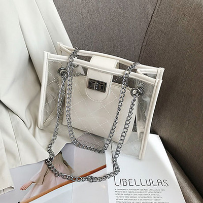 Geanta de dama moderna cu husa transparenta in patru culori cu inchizatoare metalica si lant metalic lung