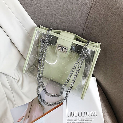 Geanta de dama moderna cu husa transparenta in patru culori cu inchizatoare metalica si lant metalic lung