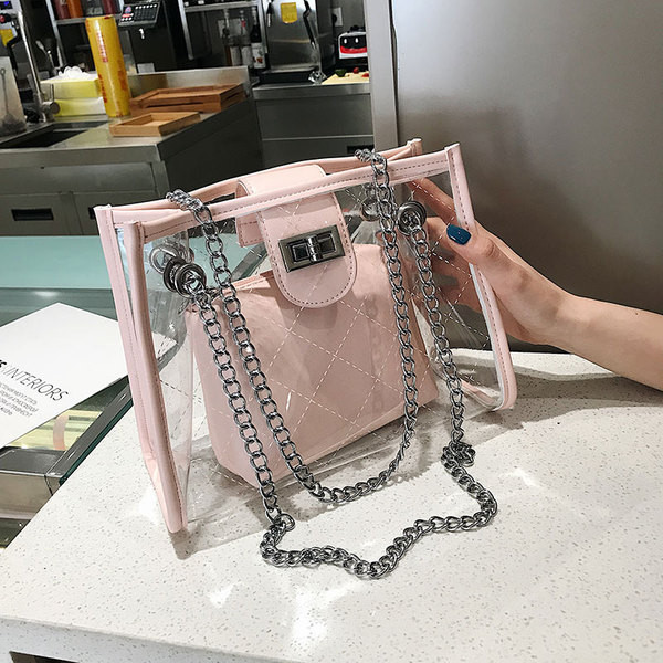 Geanta de dama moderna cu husa transparenta in patru culori cu inchizatoare metalica si lant metalic lung