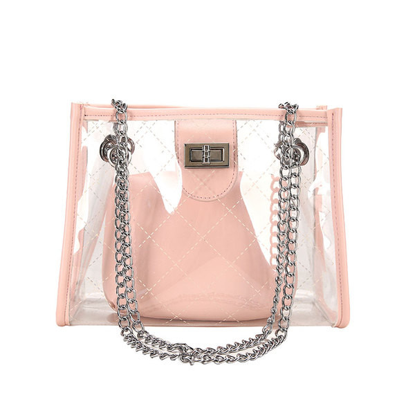 Geanta de dama moderna cu husa transparenta in patru culori cu inchizatoare metalica si lant metalic lung