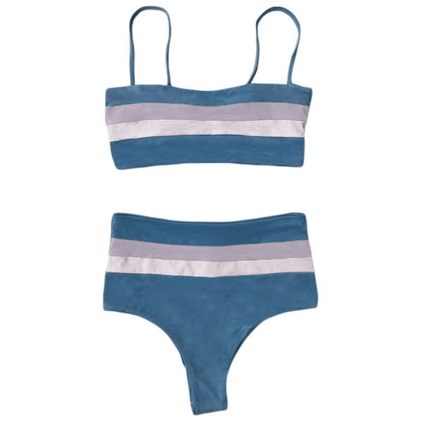 Costum de baie modern de dama din doua piese cu talie inalta in doua culori