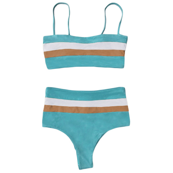 Costum de baie modern de dama din doua piese cu talie inalta in doua culori