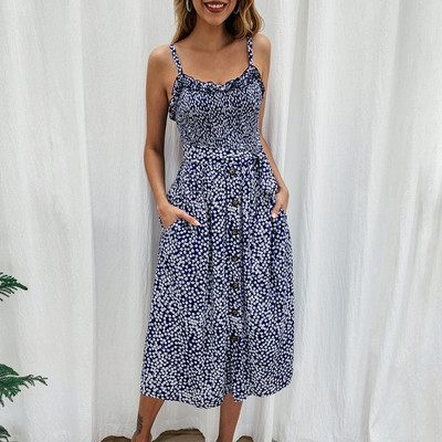 Μοντέρνο γυναικείο φόρεμα με floral μοτίβα και λεπτές λουρίδες