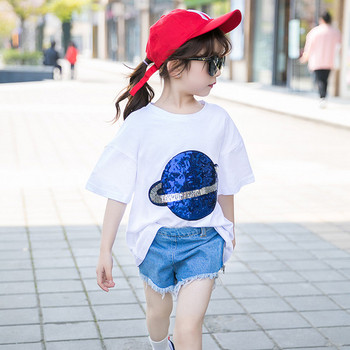 Детска модерна тениска за момичета в два цвята с пайети
