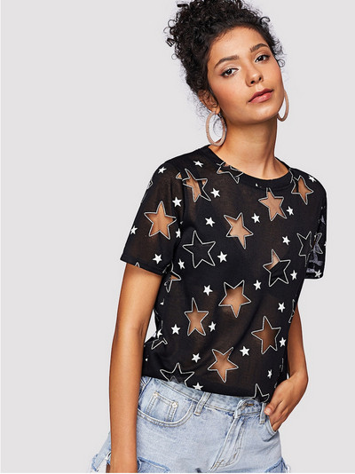 Tricou de dama modern cu efect transparent in alb-negru