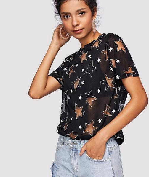 Tricou de dama modern cu efect transparent in alb-negru