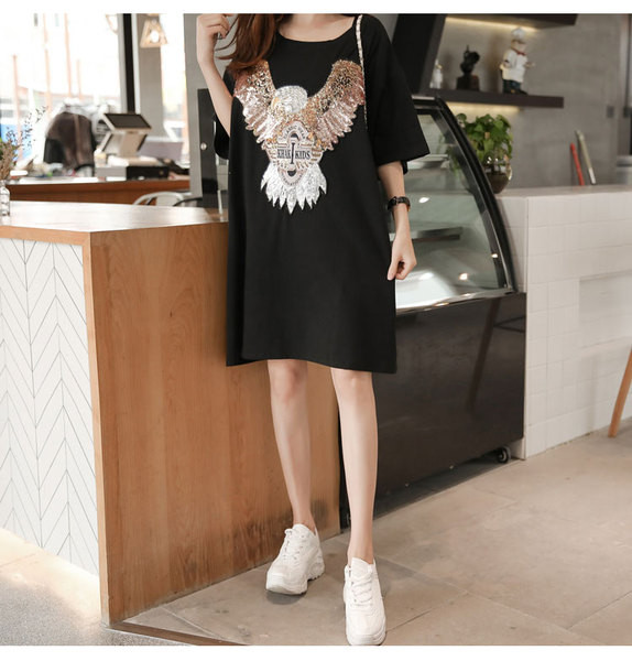 Rochie casual de dama de culoare neagra cu decor din paiete si marimi pana la 5XL